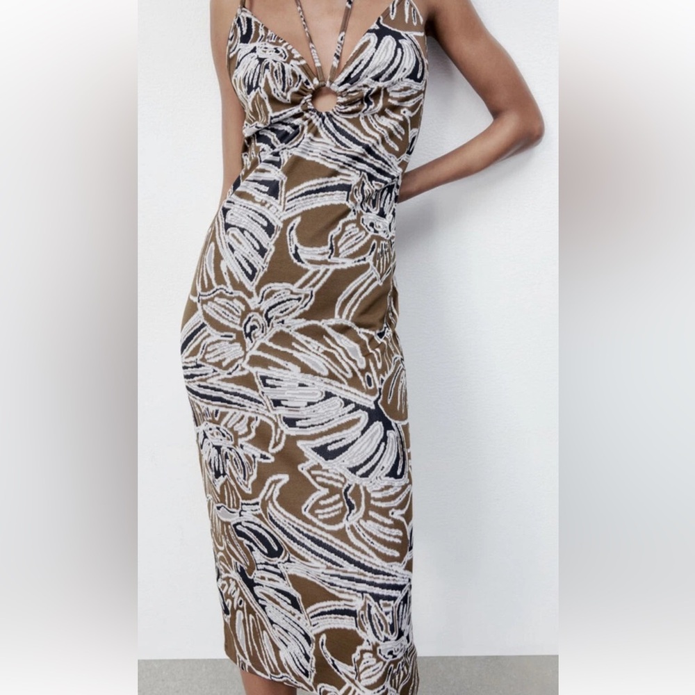 Zara Brown and White Jacquard Midi Dress